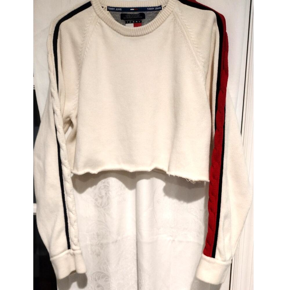 Tommy Hilfiger Med Crop Sweater Cotton Y2K Preppy Americana Cream Red Blue